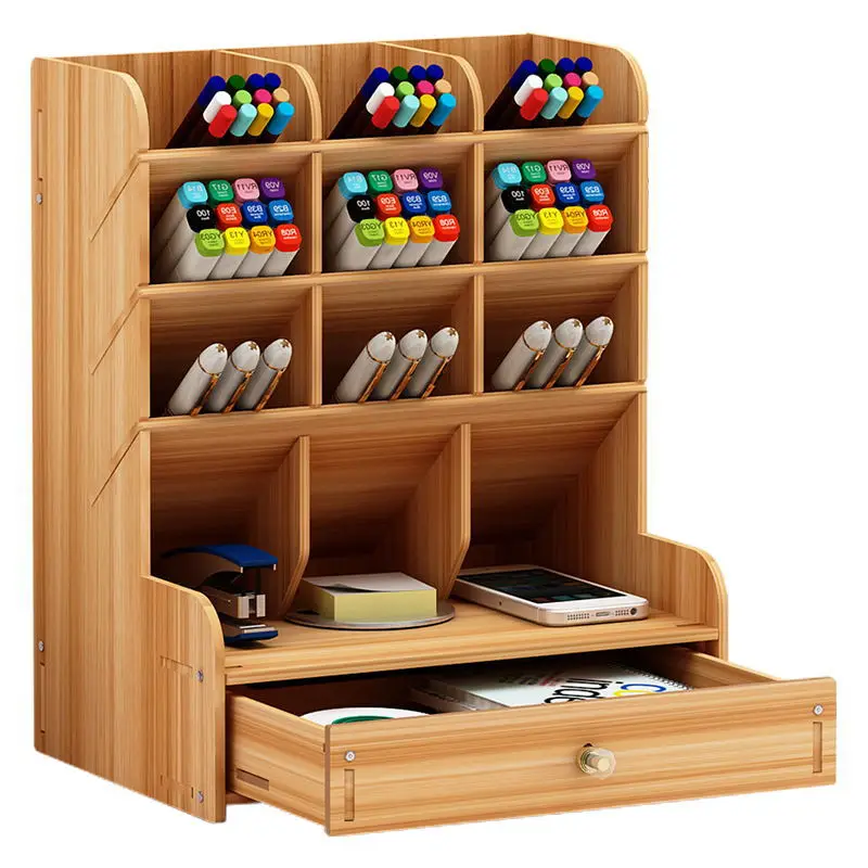 OWNSWING Factory Wholesale Wood Storage Decorative Organizer Box Bamboo Wooden Desk Pen Pencil Holder With Drawer