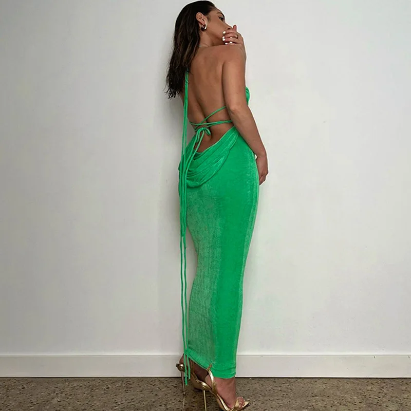 New Model Casual Dresses Summer Green Bodycon Low Backless Long Maxi Dress Fashion Ladies Dresses For Full Figured Women