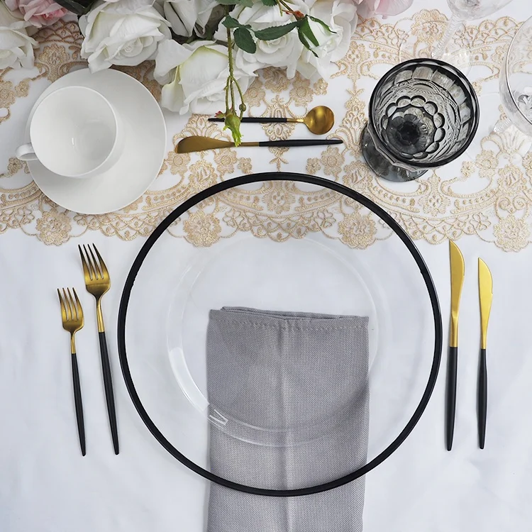 
Wedding party gold rim clear glass charger plate for table decoration 