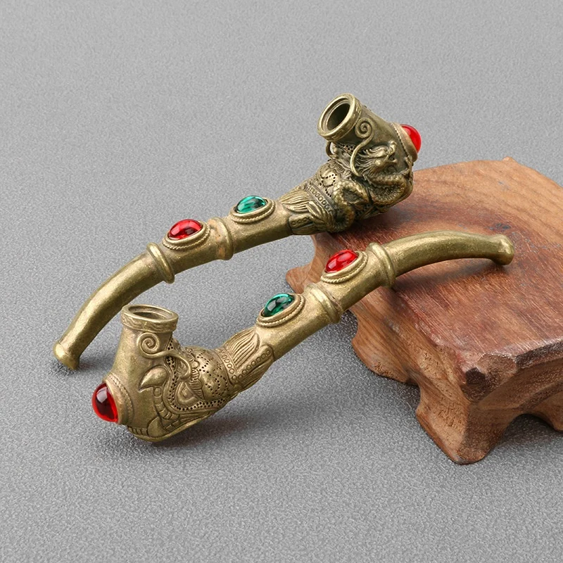 Antique play inlaid dragon  cigarette  pipe old-fashioned smoking utensils crafts ornaments