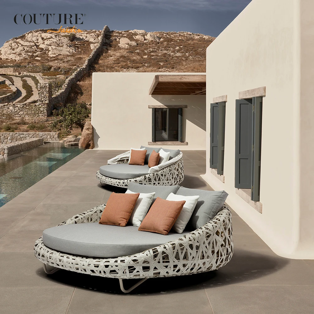Couture Curl  rattan sunbeds with canopy swimming pool furniture hotel garden sets sun loungers beach and sea