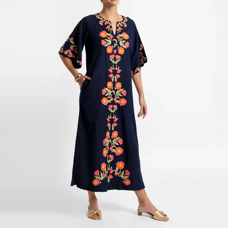 OEM Embroidered Charming  Embroidery Navy maxi dresses Custom  embroidery for women