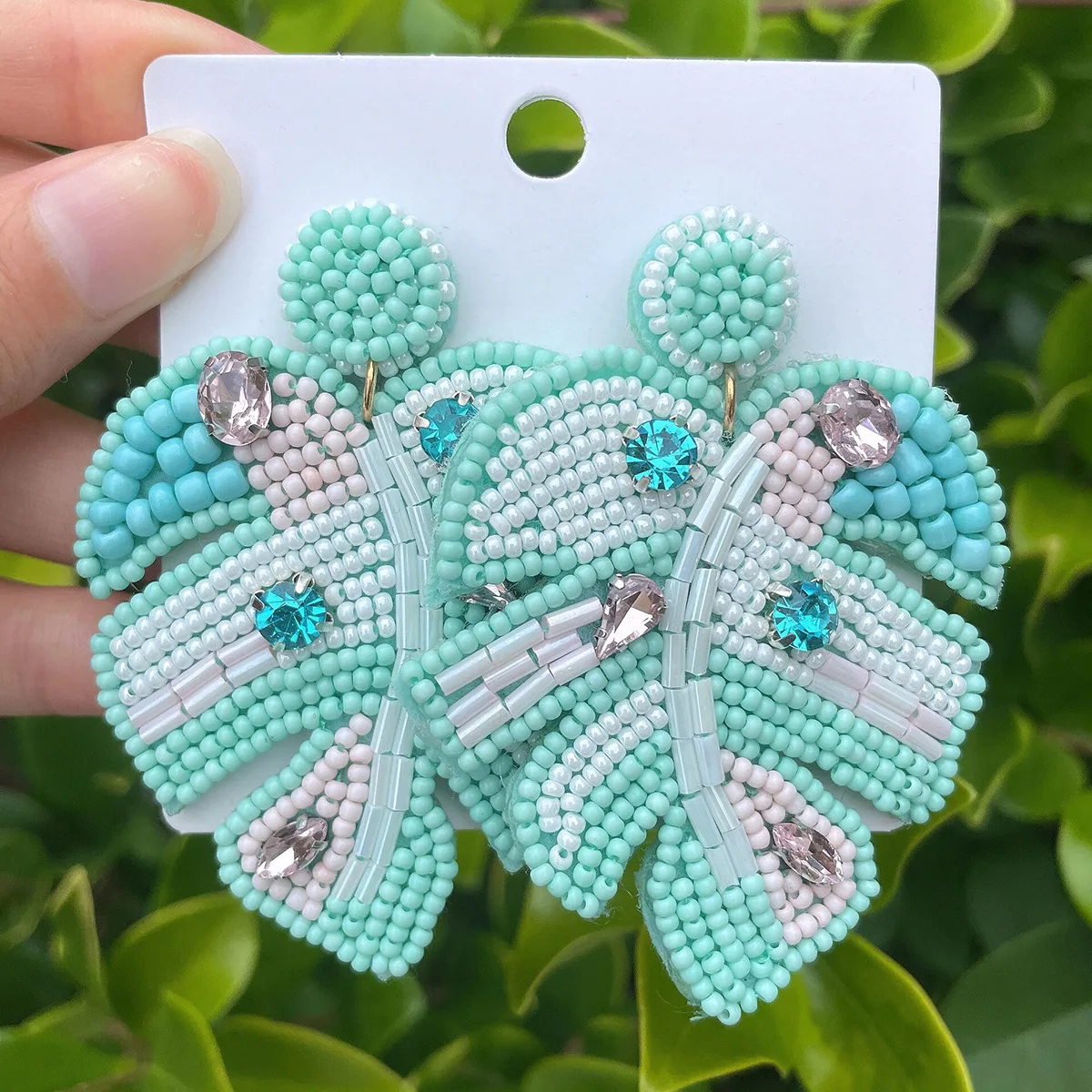 Summer Colorful Big Leaf Shaped Crystal CZ Seed Beads Earrings Fashion Bohemian Handmade Beaded Earring