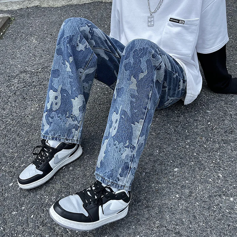 Autumn and winter American street camouflage jacquard jeans men loose straight trend teen student pants