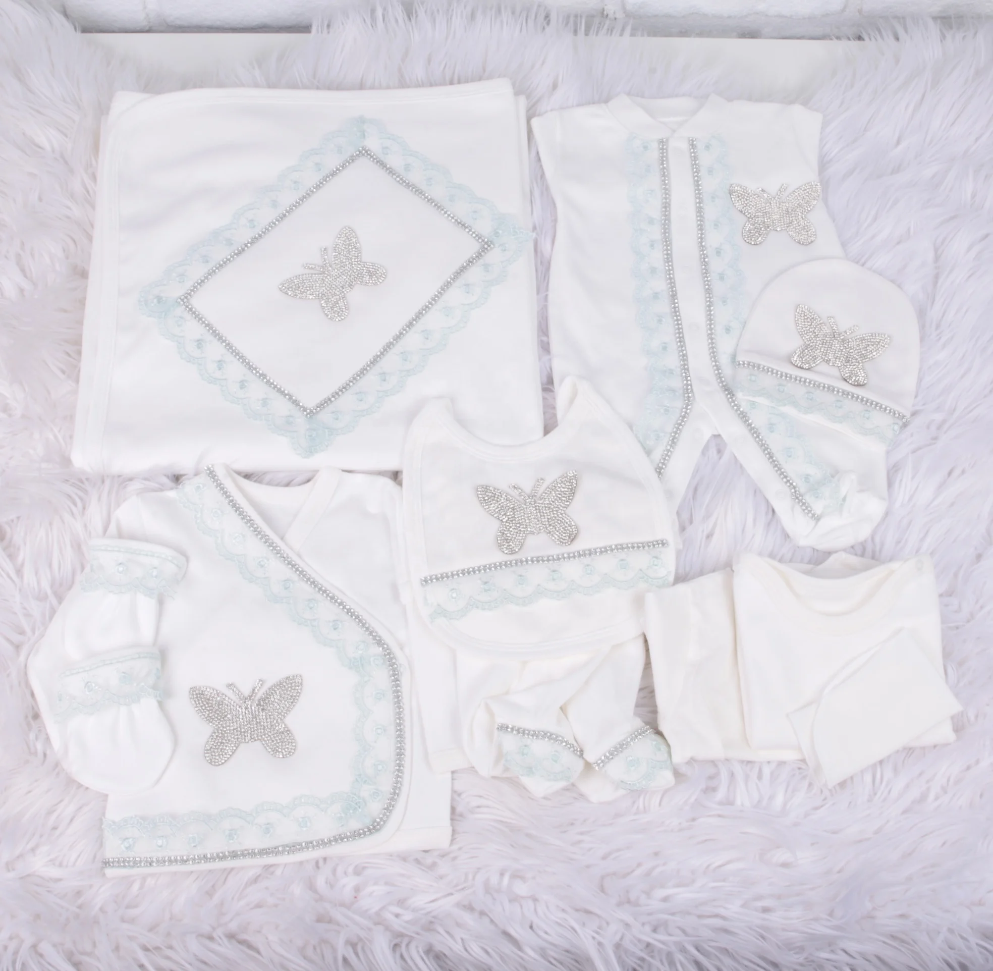 High Quality Modern Wholesale Custom 100% Cotton Long Sleeve Bamboo Bubble New Born Baby Gift 10 pieces Set White Crowned