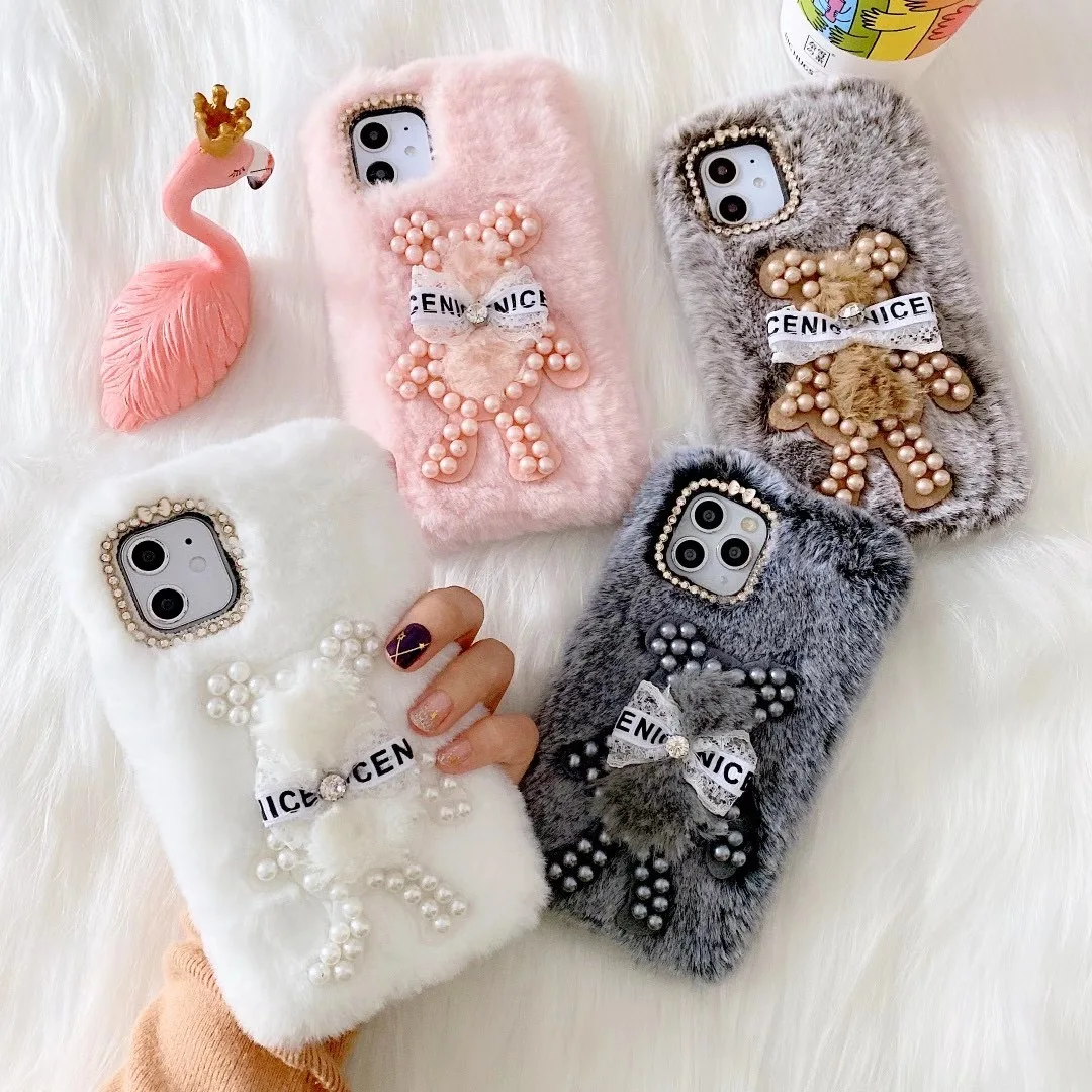
Luxury Warm Cute Cover Bling Crystal Rhinestone Winter Fuzzy Fluffy Furry Soft Case for iPhone 12 Pro Case 