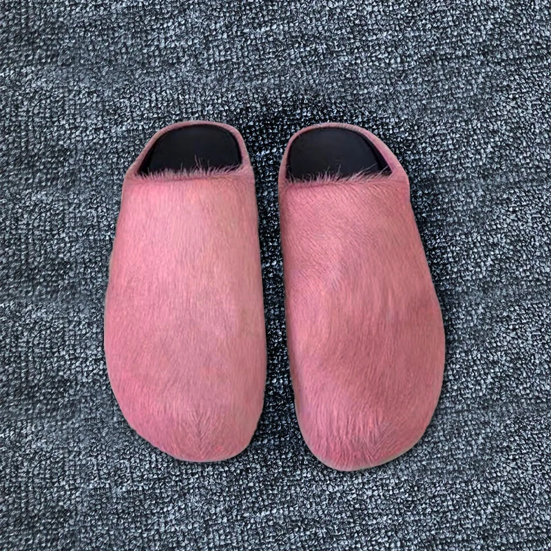 Greatslides Horse Hair Fur Slippers Trendy Lady Sandal 2024,Wholesale Custom House Slippers Sandals For Ladies