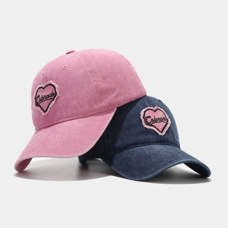 Wholesale Retro Pink Love Heart Letter Embroidery Distressed Baseball Caps Custom Logo High Quality Sports Cap Woven Techniques