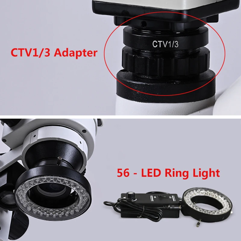 digital Trinocular Stereo Microscope zoom 7-45x + 1080P camera USB VGA CVBS + LED Ring Light +1/3 adapter OSL-523