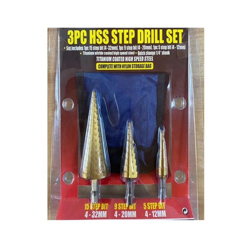 3 pcs HSS Titanium Coated Step Drill Set for Sheet Metal