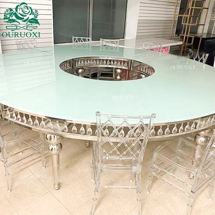Ouruoxi furniture Silver Metal frame + Glass Dining Wedding Table for Event