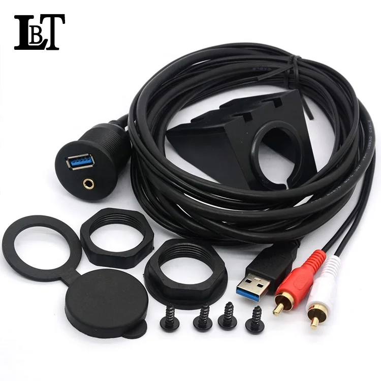 USB 3.0 & 3.5mm AUX 2 RCA Male to USB and 1/8 Audio Stereo Female Dash Panel Mount Extension Code for Car Bike Boat Motorcycle