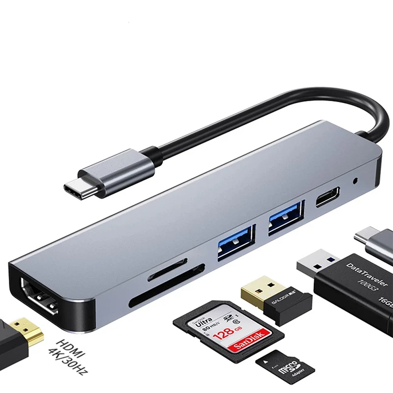 USB-концентратор 6 в 1, устройство для чтения SD-карт HD 4K, Тип C, PD, зарядный хаб для Macbook Pro