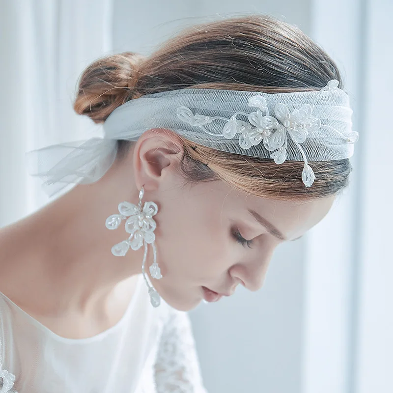 
Wholesale fashion exquisite white crystal flowers bridal wedding veil earrings comprehensive jewelry set 
