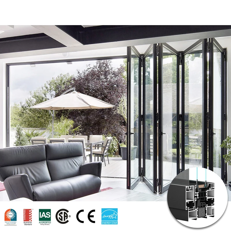 NFRC standard energy saving bi-fold doors contemporary outdoor pocket aluminum folding doors with locks for large openings