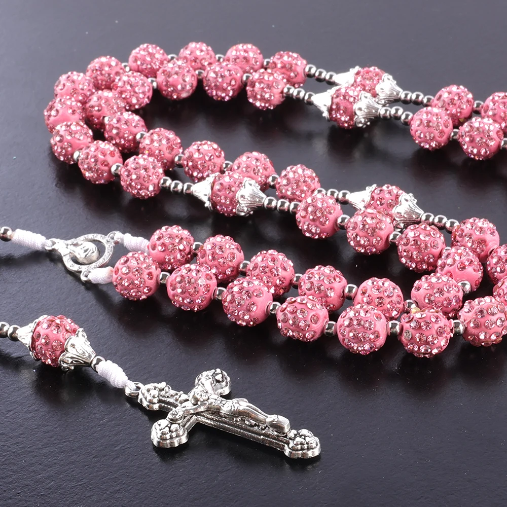 High quality rosary beads catholic religious necklace , custom clay rhinestone beads christian cross rosary necklace