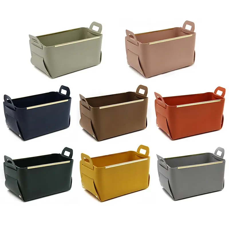 RTS PU Leather Desk Storage Basket With Handles Foldable Large Capacity Metal Edge Basket Portable Home Rectangle Organizer