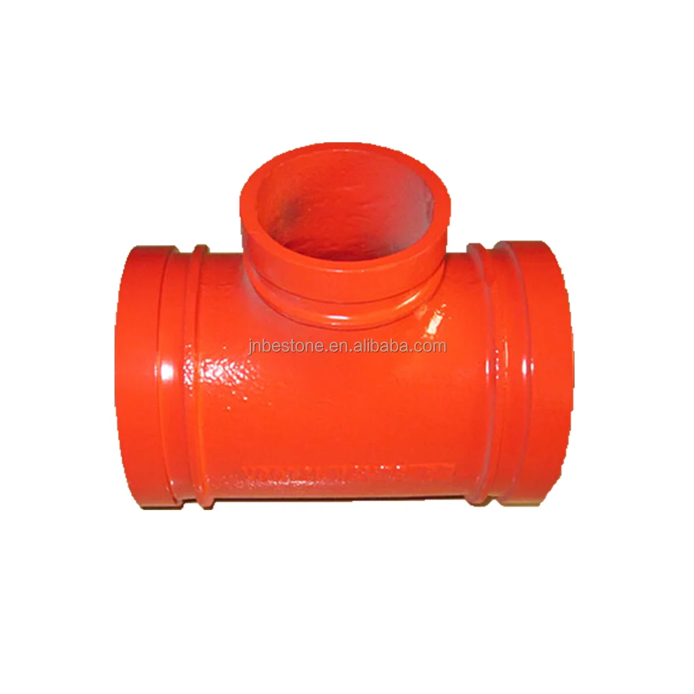 Threaded reducing tee red RAL 3000 painting, design ASTE F1548 and ANSI/AWWA C606