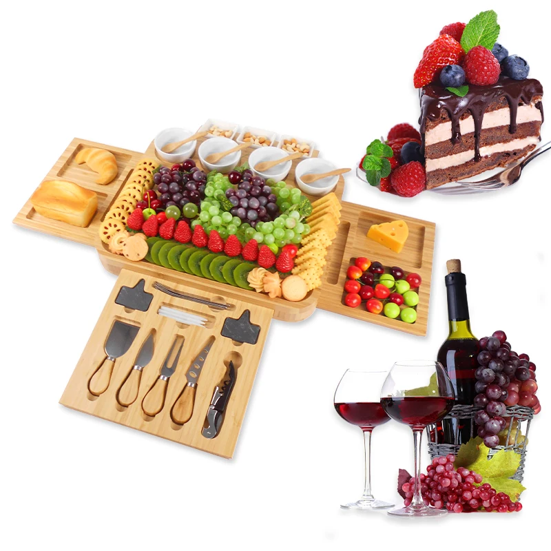 Deluxe Personalized Winery Best Cute French Large Bamboo Cheese Board Set With 4 Drawers