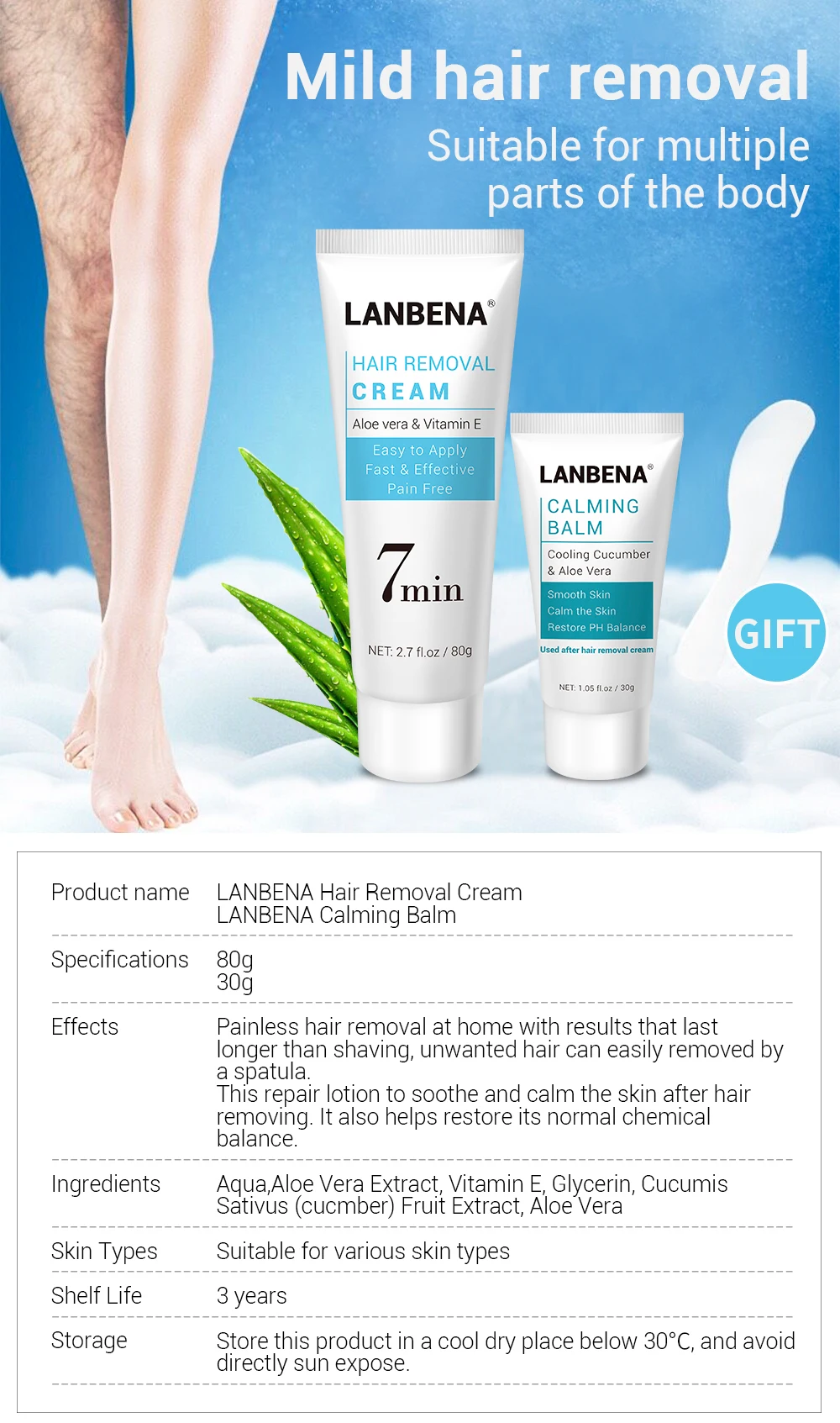 
LANBENA Hair Removal Cream Painless Removal Depilation Calming Balm Gentle Effective Epilator Nourishing Repairing Body Care 80g 
