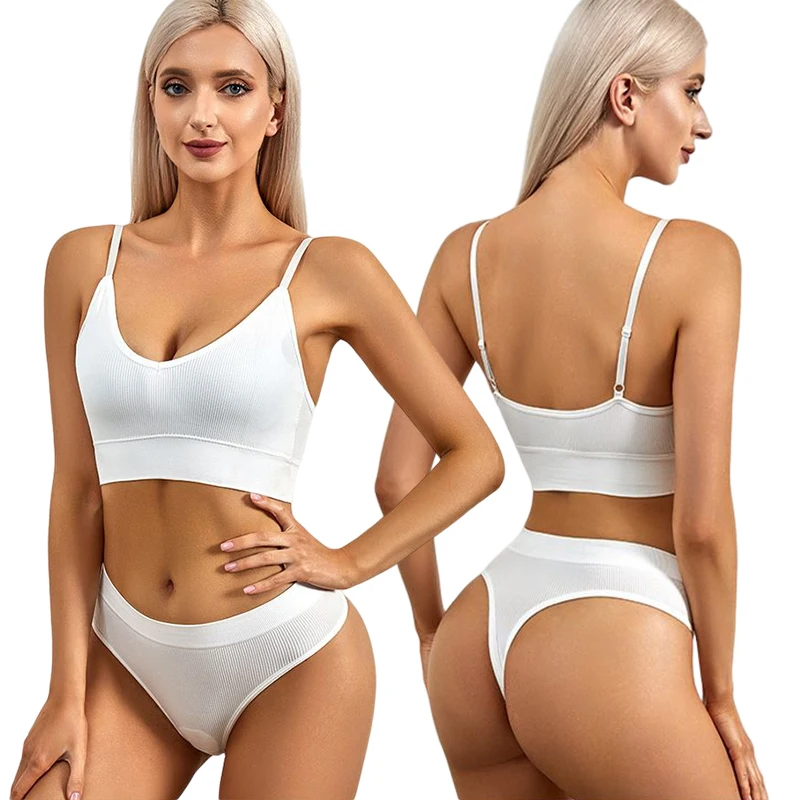 Customize Logo Women Bra Thong Set Sporty Underwear Set Free Size Seamless Bra with Removable Pads Sexy Plain Dyed Knitted