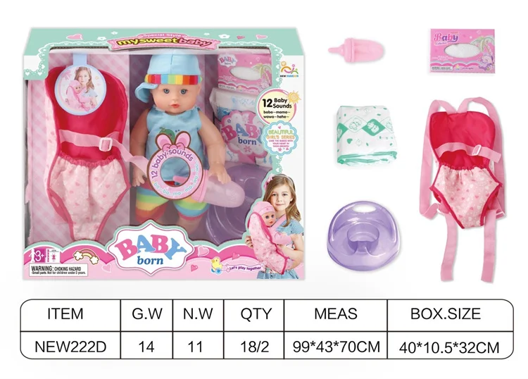 Popular Hot Sale 13 Inch English 12 Sound Ic Water Baby Dolls Toys With Urine Basin Diaper Absorbent Bottle Tissue Box Backpack
