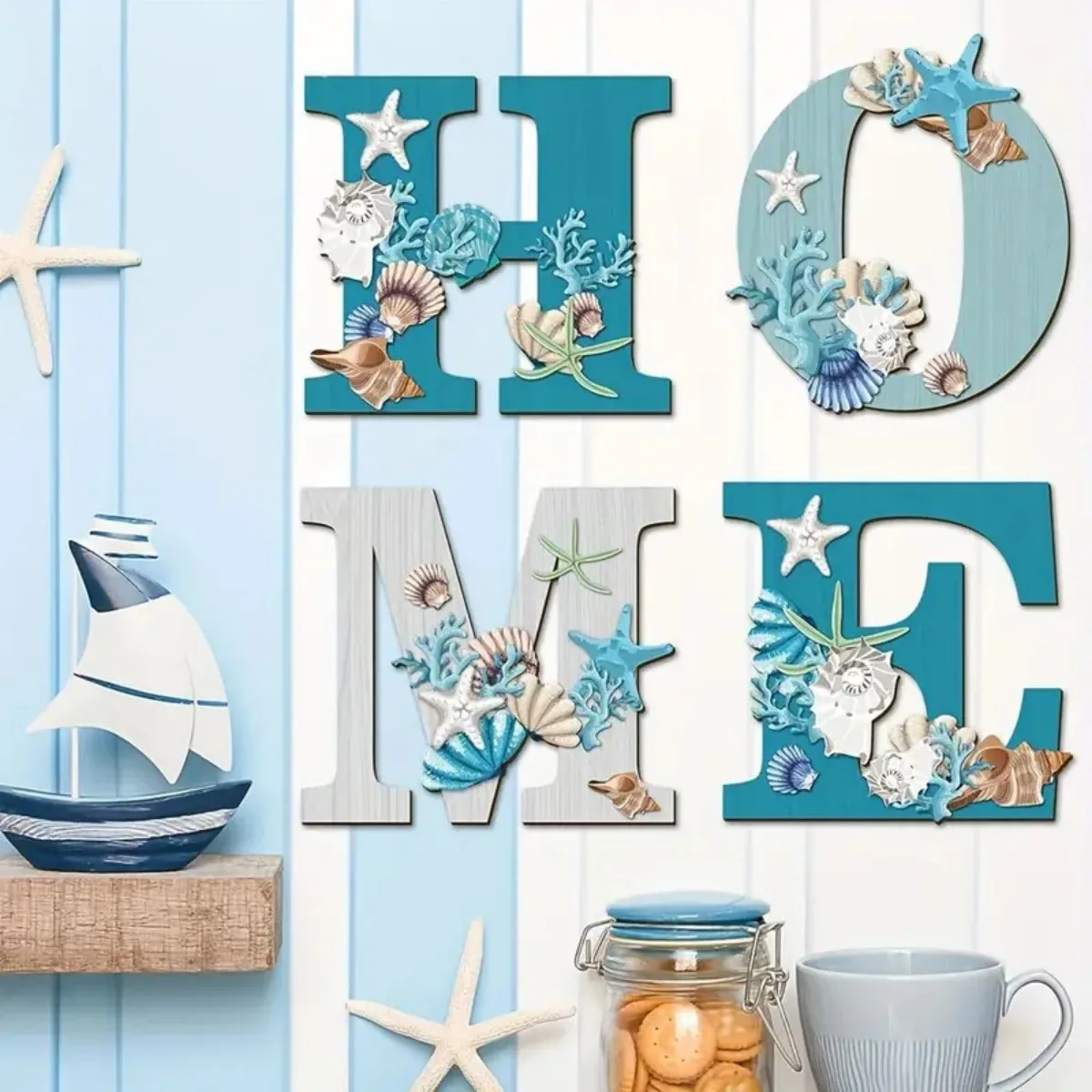 Vietnam Starfish Shell Wall Decor Coastal Beach Style Wood Home Sign Letters Blue Hanging Wood Crafts Wall Signs