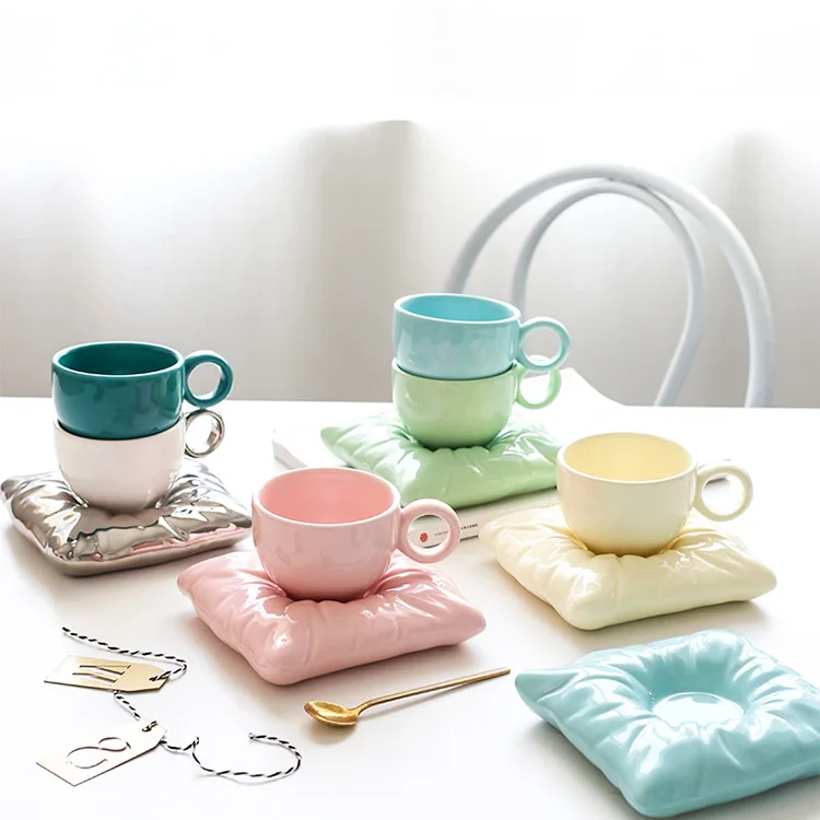 wholesale nordic modern cute ceramic cup with Pillow Coaster Creative Couple Coffee Cup ceramic cup and saucer set