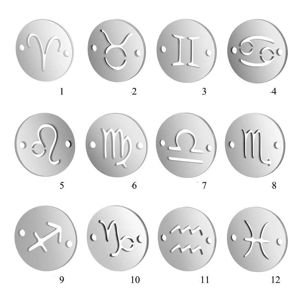 2-Hole Stainless Steel 12 Zodiac Sign Constellation Symbol Bracelet Charms Pendant For Necklace Bracelet Accessories
