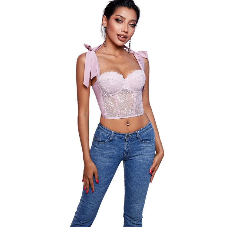 Top Selling Cute Pink Mauve Floral Lace Ribbon Shoulder Strap Cami Tops for Women 2022 Bustier Sexy Summer Women outfit