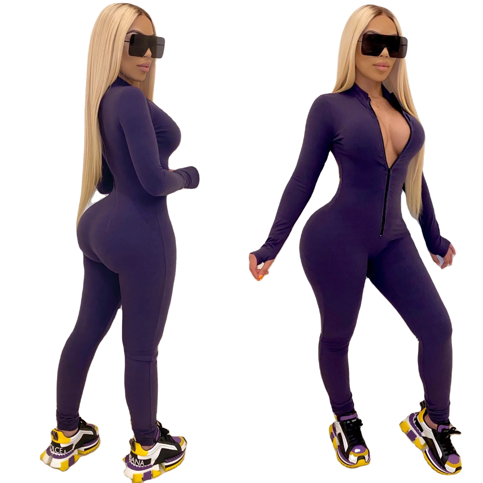 2020 fashion women outfit Custom Make New Arrival Sexy Tight Women Fashion Long Sleeves Pure Color One piece Jumpsuit
