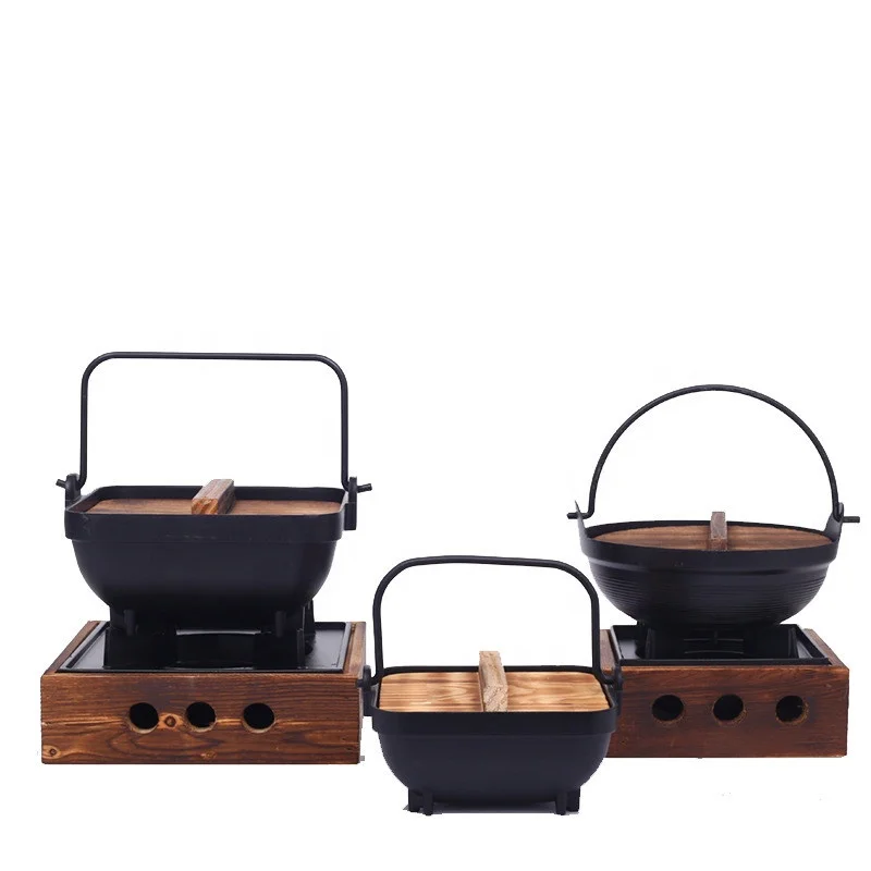 Japanese style cast iron hanging pot wood tray alcohol bbq grill table top mini roasting bbq stove