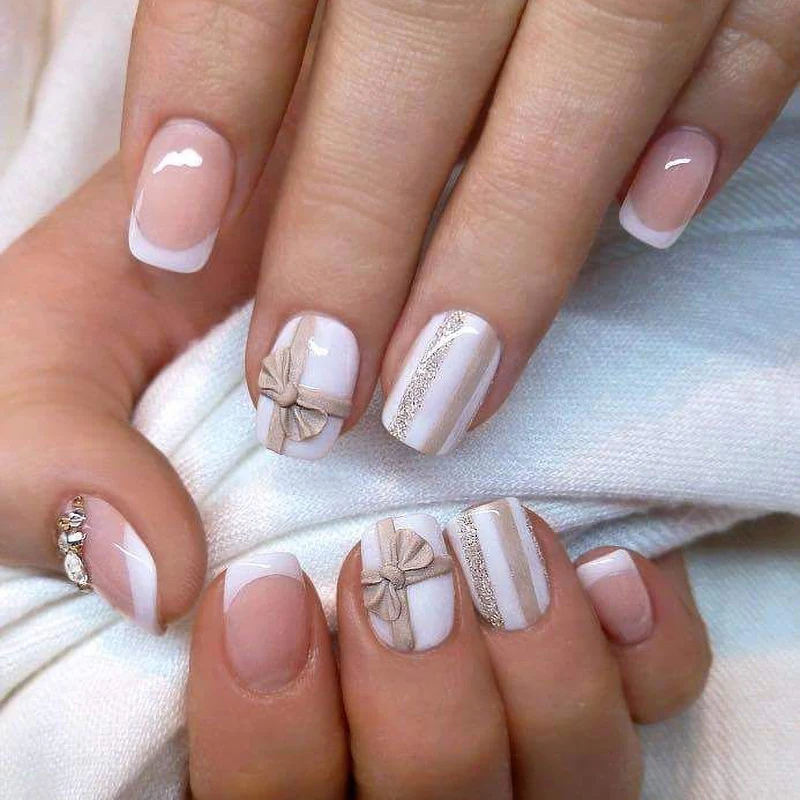 French Tips Design Waterproof Long Lasting False Nails Handmade Rhinestone Design Fake Nails Jewelry Artificial Nails