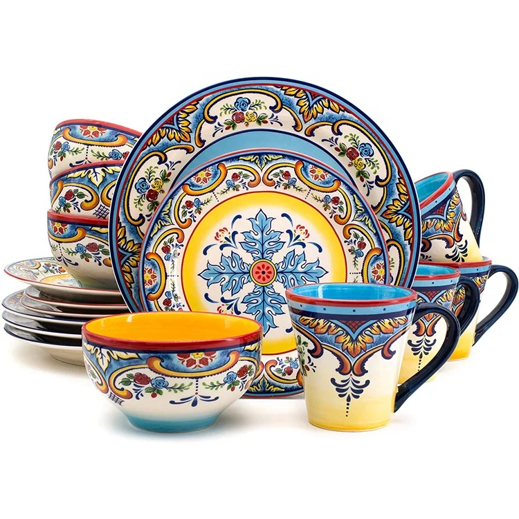 Custom Ceramic Dinnerware Sets Porcelain Dinnerware Sets with Spanish Floral Design 16-pc