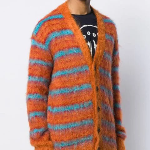 Kingsun mohair stripe fuzzy men designer sweater clothing crew neck sweater knitwear custom mohair cardigan