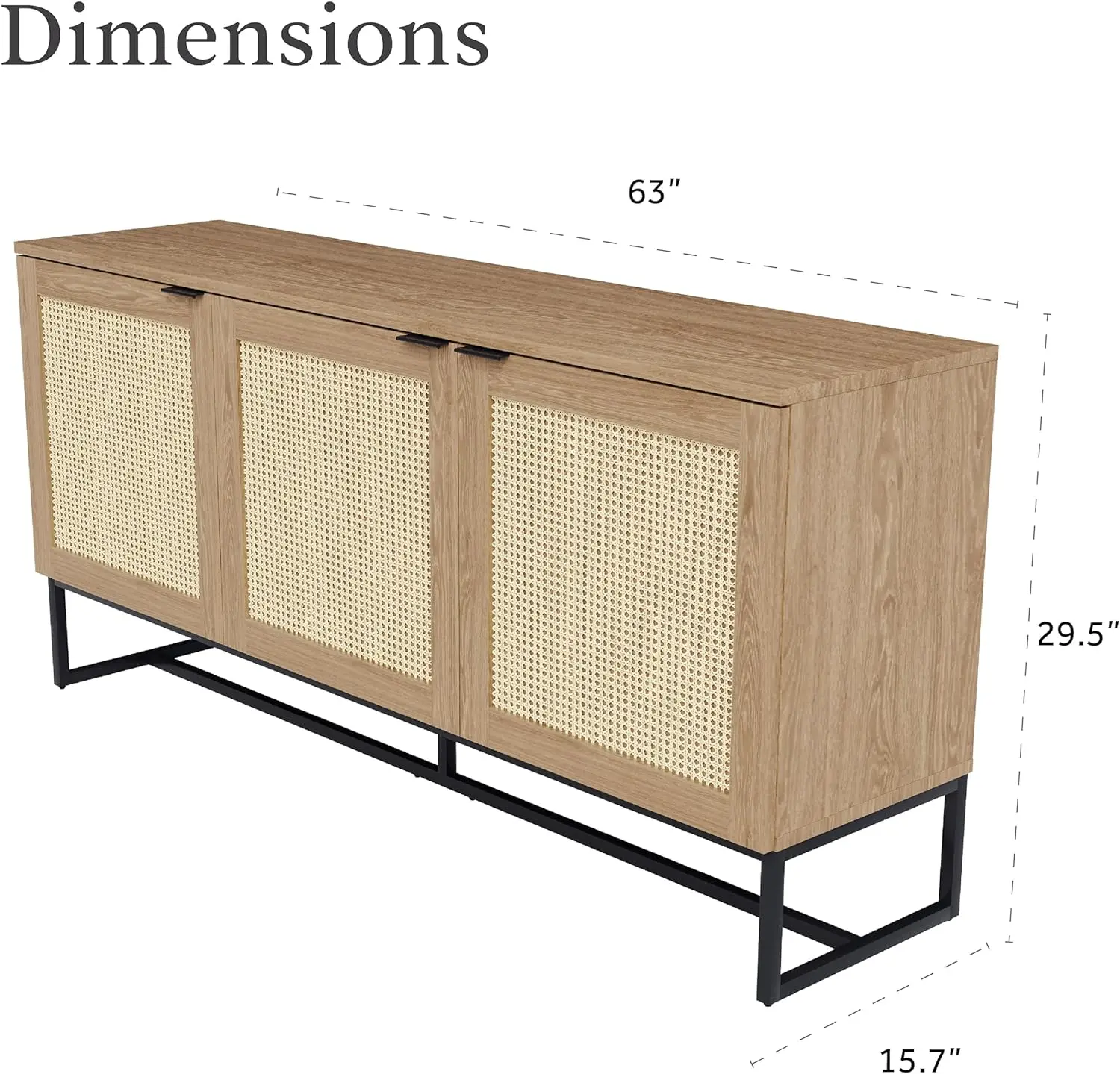 Oak Sideboard Buffet Cabinet, Accent Storage Cabinet with 3 Rattan Doors, Modern Storage Console Table
