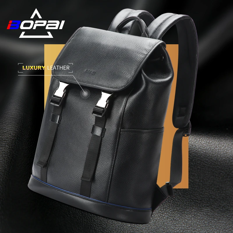 BOPAI wholesale premium office travel back pack trolley 15.6 inch laptop customized luxury genuine leather man casual backpack