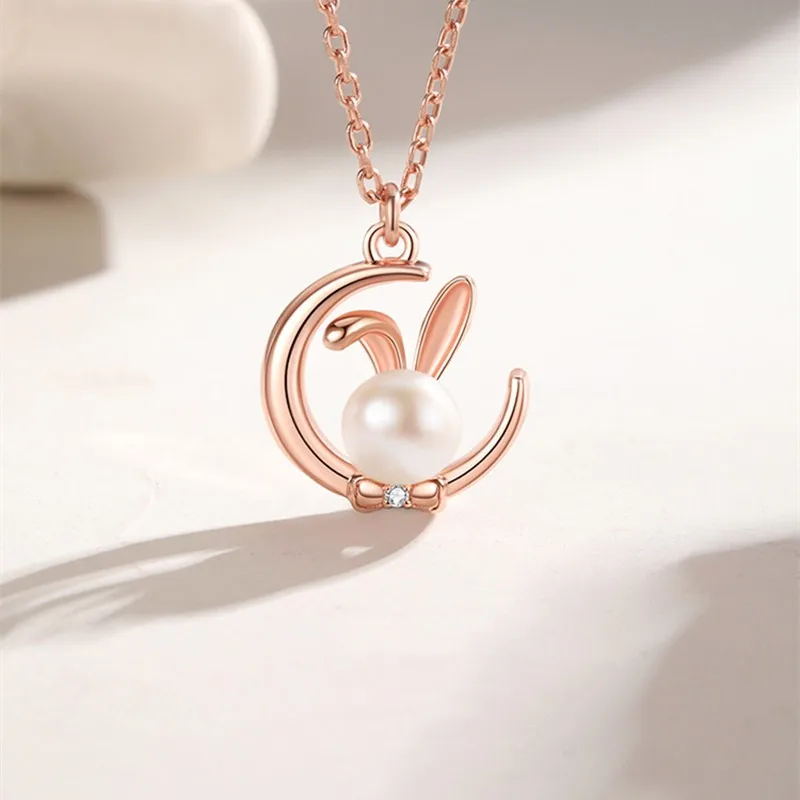 Luxury Freshwater Pearl 925 Sterling Silver Moon Rabbit Pendant Necklace Women Gift