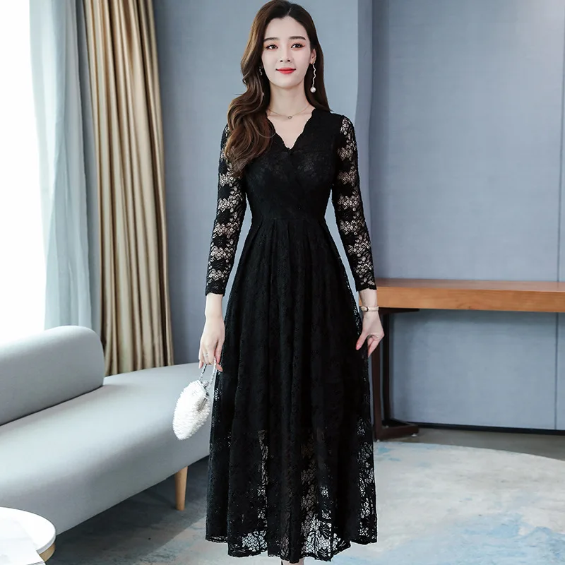 Women spring clubwear clothing long sleeve a line midi lace dresses