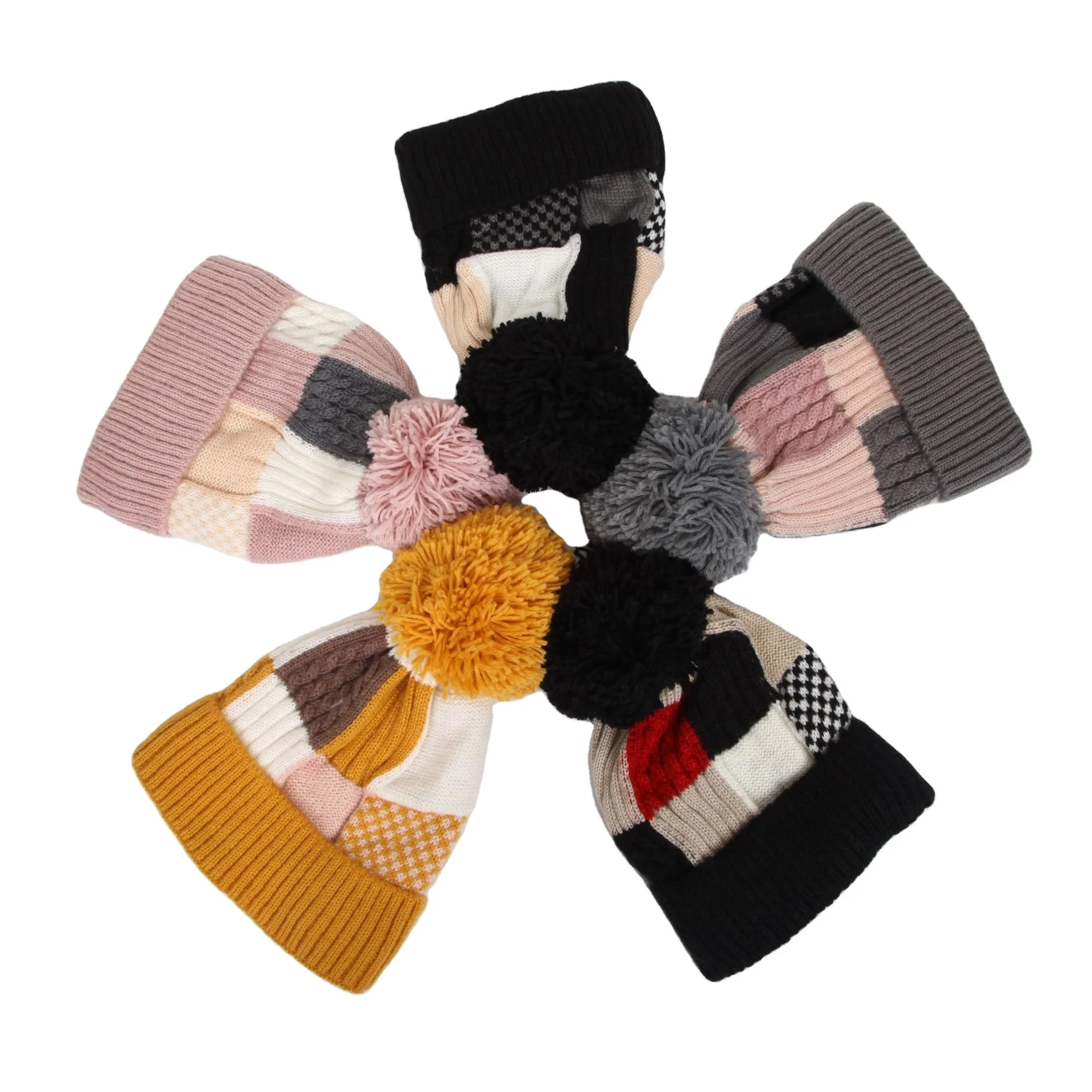 Women Acrylic Patch Work Color Block Knitted Beanie Hat with Fleece Lining