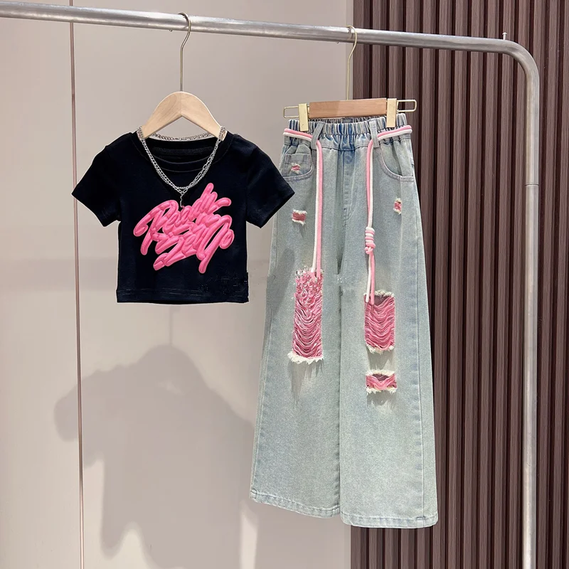 New fashion teen Girls Clothing set short sleeve printed T-shirt + ripped jeans pants clothing set for kids