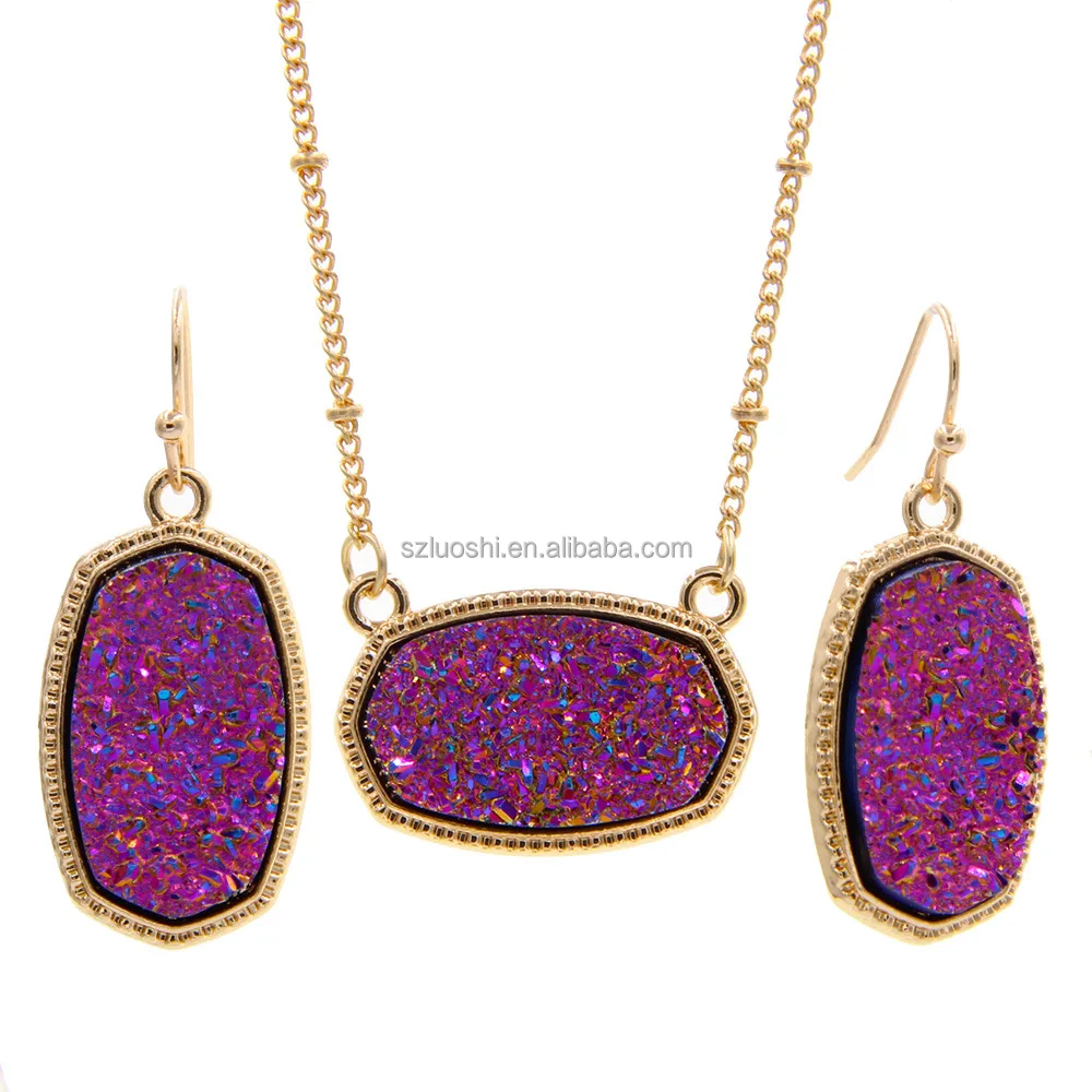 Drusy Elisa Pendant Necklace for Women Fashion Yellow Gold Plated Bead Chain Wedding Oval Hexagon Necklace Earrings Set