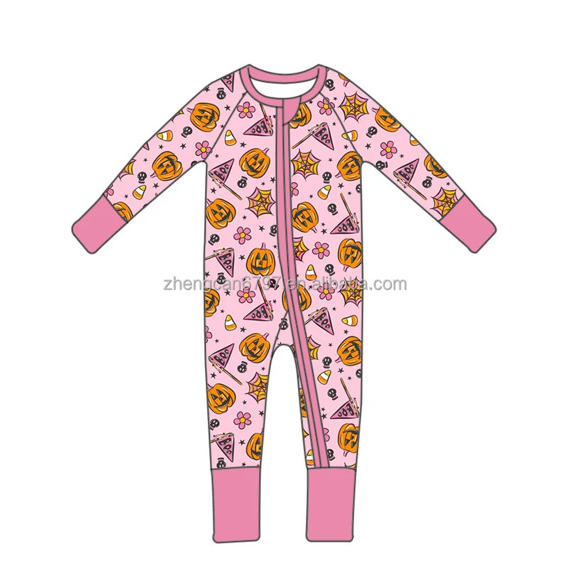 Custom Halloween Pumpkin Print Bamboo Baby Clothes Jumpsuit Pattern For Children Autumn Full Bodysuit Kids