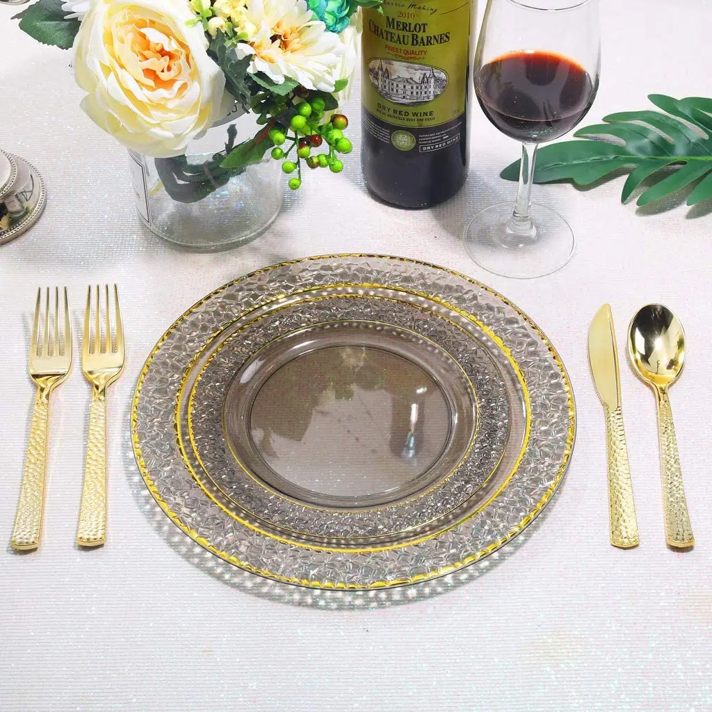 16 Person Camping Plastic Tableware Set Gold Dinner Set Dinnerware Party Gold Cutlery Set with Paper Napkin