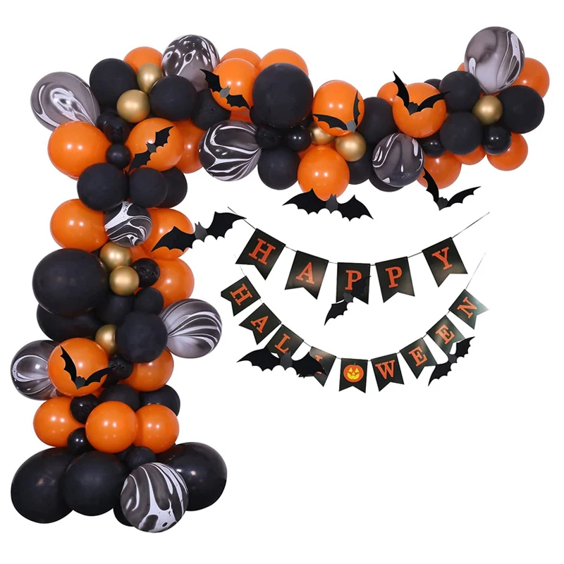 Halloween Theme Party Bat Sticker Happy Halloween Hanging Banner Orange Black Marble Agate Latex Balloon Garland Arch Set