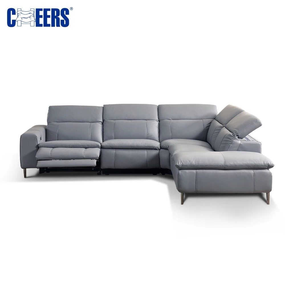 MANWAH CHEERS Grey Modular Furniture Recliner Couch 4 Seater Sectional Sofa Reclining Corner Leather Living Room Set