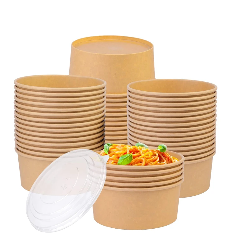 1100ML Food Takeaway Packaging Disposable Custom Logo Paper Container Salad Bowls Kraft Paper Bowl with Lid