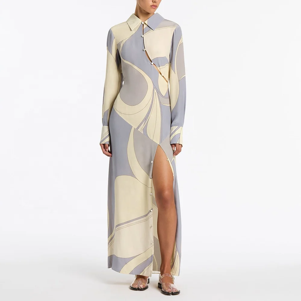 Muslim dresses Women Clothing Fashion Silk Satin Elegant Lapel Dress High split  Long Sleeve Button Shirt Casual Dresses