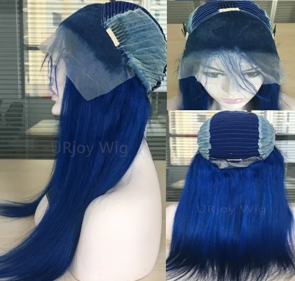 Blue Color Silk Straight 100 Human Hair Brazilian Virgin Hair Celebrity Wigs Lace Front wig for Black Woman Free Shipping