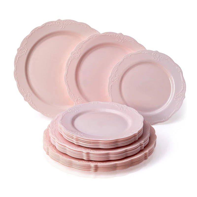 BST 10,25 дюймов Декоративные тисненые круглые розовые пластиковые праздничные принадлежности одноразовые обеденные тарелки для свадьбы
